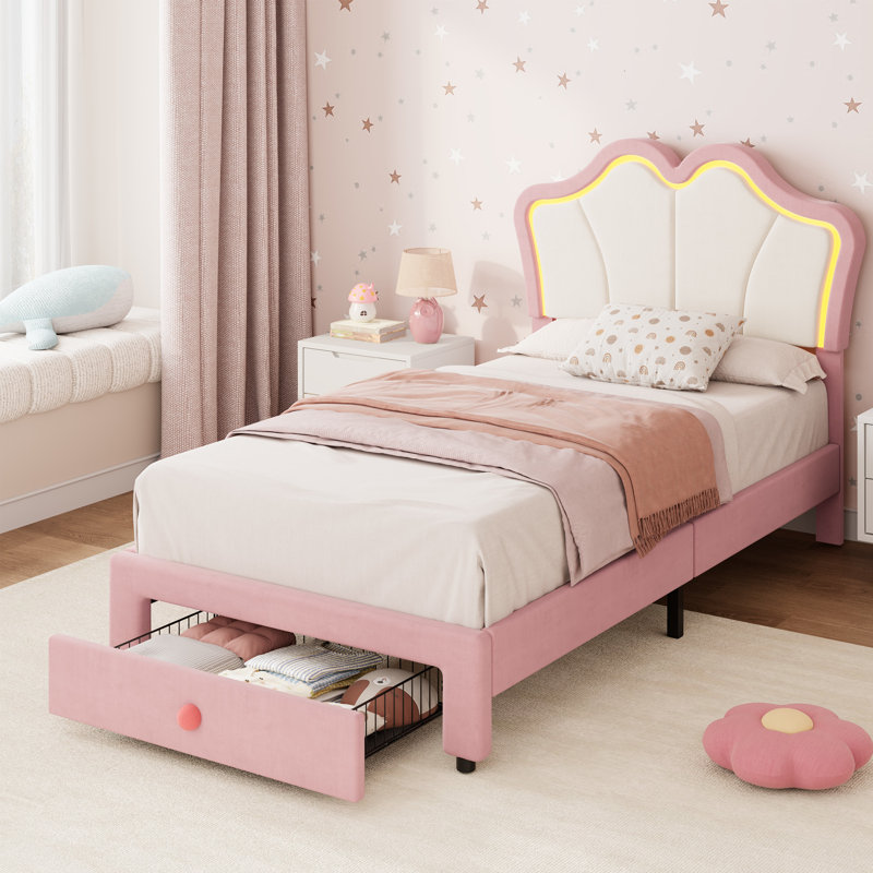 Twin Bed Frame with Storage Drawer, Upholstered LED Bed Frame with Chic Double Wavy Headboard, Cute Velvet Platform Bed Frame, Solid Wood Slats Support, No Box Spring Needed, White/Pink