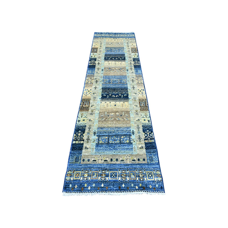 Tapis de couloir bleu en laine noué à la main 2 pi 6 po x 9 pi 8 po Figurines Kashkuli