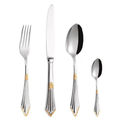 Premium 16-Piece Stainless Steel Flatware Set With Gold Accents And Triangular Handles, Includes Knife Fork Spoon And Salad Fork For Elegant Dining