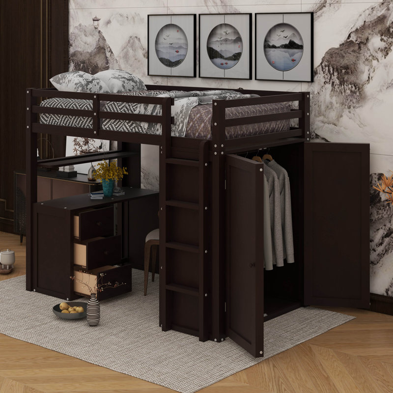 Lit mezzanine simple avec bureau, tiroirs et garde-robe, Espresso