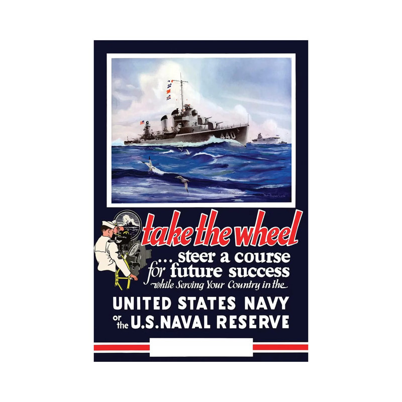 Vintage WWII Navy Poster of US Warships on the Sea 1 Piece Wrapped Canvas Wall Art, 30.48 cm H x 45.72 cm W