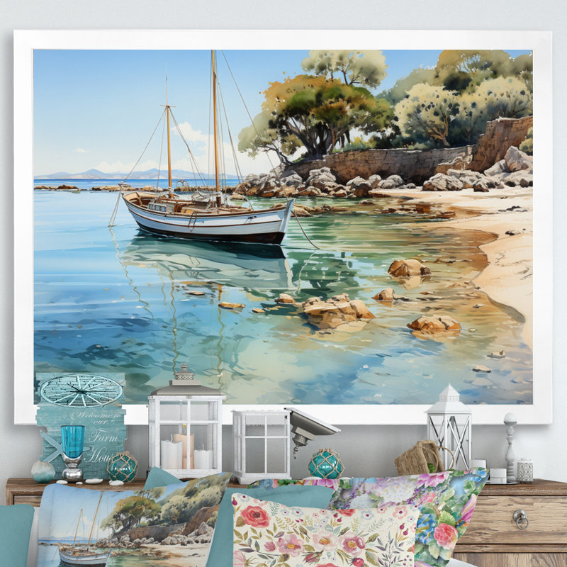 " Dominican Tranquil Bay II ", White Picture Framed, 34" H x 44" W x 1.5" D