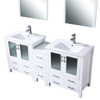 72 In. W X 18.25 D White Double Vanity With Ceramic Top, Faucet, And 28 Mirrors Bathroom Wide Side Cabinets, Single Hole