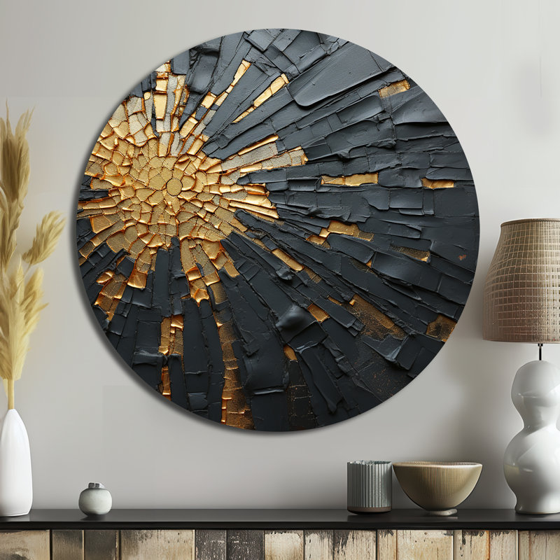 Méditation abstraite noire et dorée II - impression abstraite sur métal rond, H 16" x l 16"