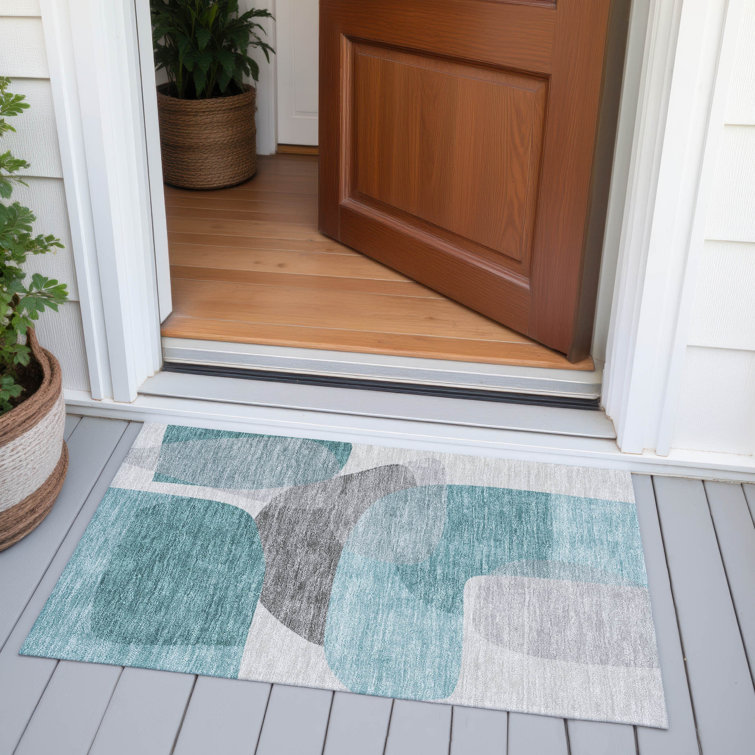 Machine Washable Indoor/Outdoor Xhevrie Teal Rug