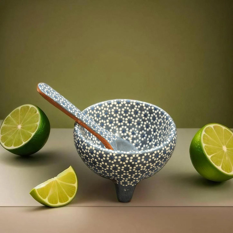 6oz Plomo Ceramic Salsa Bowl W/ Spoon, White/Gray, 4"