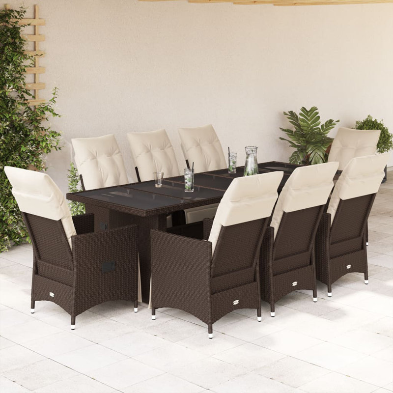  Ensemble bistro noir, blanc crème, Cream White Cushion/Brown Frame, Glass, 8