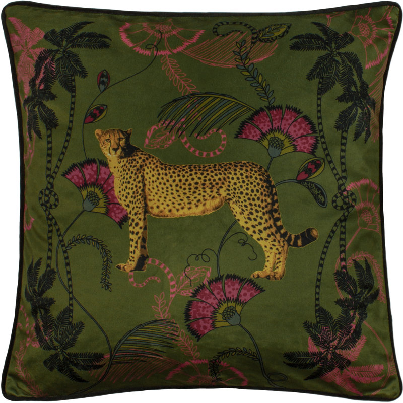 Plains Tropica Cheetah Floral Square Scatter Cushion, Feathers, Khaki
