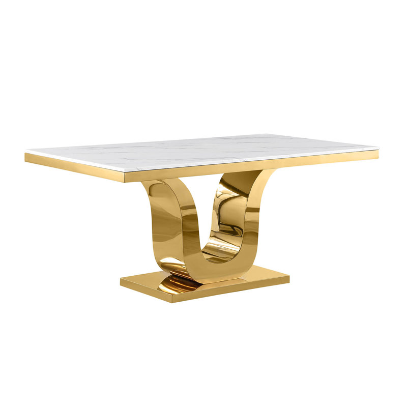 Dontai White Marble Dining Table with Stainless Steel Base, 38" W x 66" L