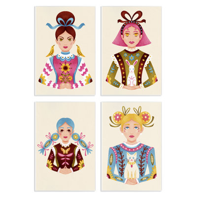 Ensemble de 4 plaques murales Floral Folk Women Portraits, design par Hannah Moren