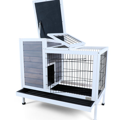Maison pour petits animaux en bois gris avec - plateau spacieux et nettoyable, plusieurs entrées, filet en métal robuste pour lapin bestiole, fuite et créatures
