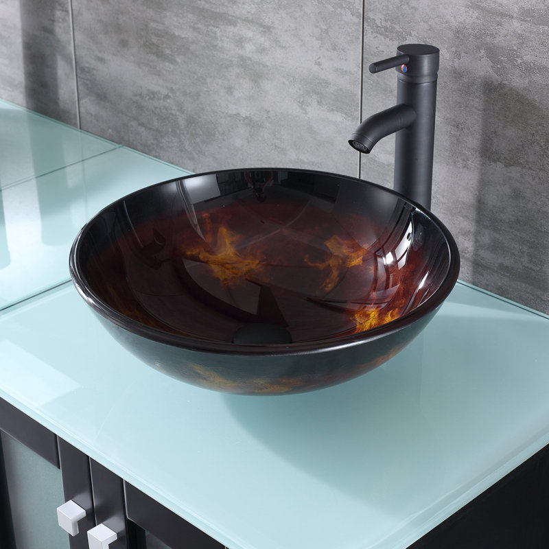 Wonline 16.34'' Tempered Glass Circular Bathroom Sink with Faucet, Brown/Amber
