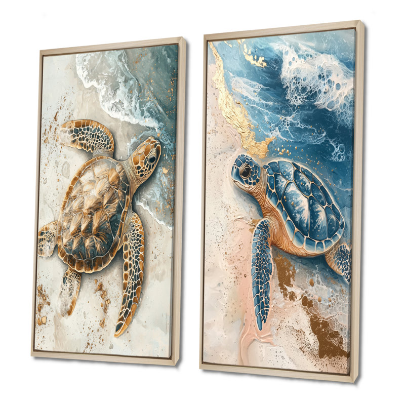 Tortue dorée traînant sur la plage I - animaux, art mural 2 panneaux, H 32 po x l 33 po, Cadre crème crème