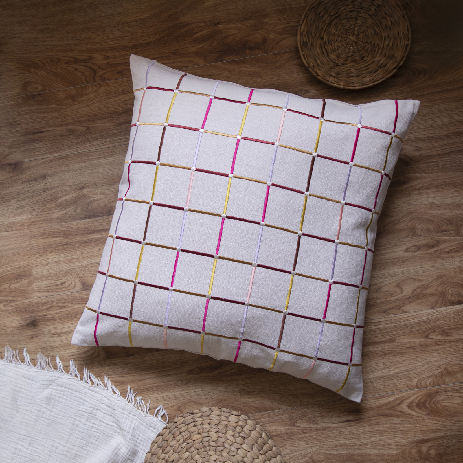Checkered Cotton Throw Pillow, Beige/Red/Yellow/Blue, Pillow Cover Only - No Insert, 24" x 24"