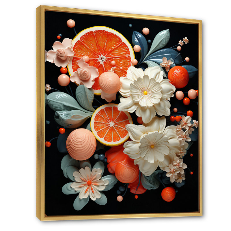 «Funky Foliage Vibrant Flowers On», reproduction sur toile encadrée, Cadre flottant doré, H 44 po x l 34 po x P 1,5 po