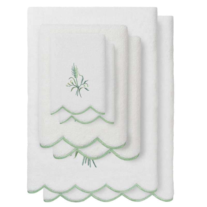  Ensemble de serviettes 100% coton festonné 100% coton WHITNEY, Blanc/vert, Ensemble 6 serviettes de bain