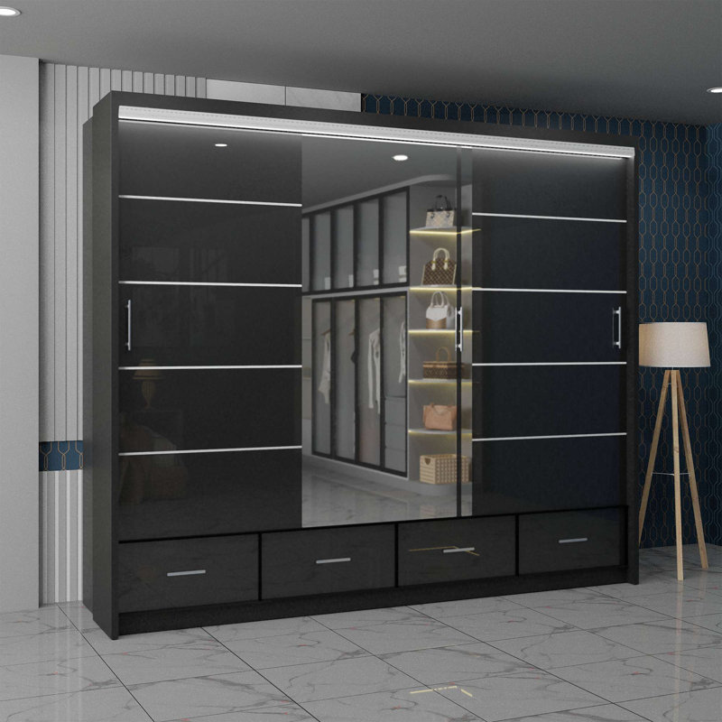 Desilets 2 Door Manufactured Wood Wardrobe, Black, 220 cm H x 255 cm W x 66 cm D