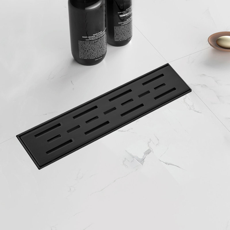 12 Inches Linear Shower Drain With Removable Bar Pattern Grate,Linear Drain With Hair Strainer And Leveling Feet,Stainless Steel,Matte Black