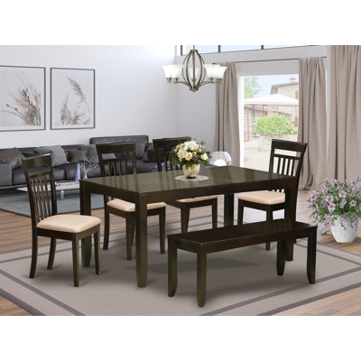 L'ensemble de salle à manger 6 pièces contient une table de salle à manger rectangulaire avec feuille papillon et 4 chaises de cuisine en lin avec banc, 36 x 66 pouces, cappuccino