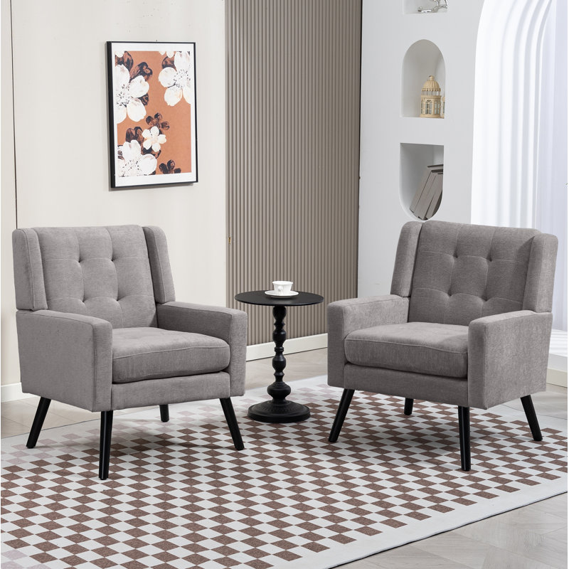 26.77" Mid-Century Modern Accent Chair With Linen Upholstery, Tufted Back And Black Solid Wood Legs(Set Of 2), Light Gray