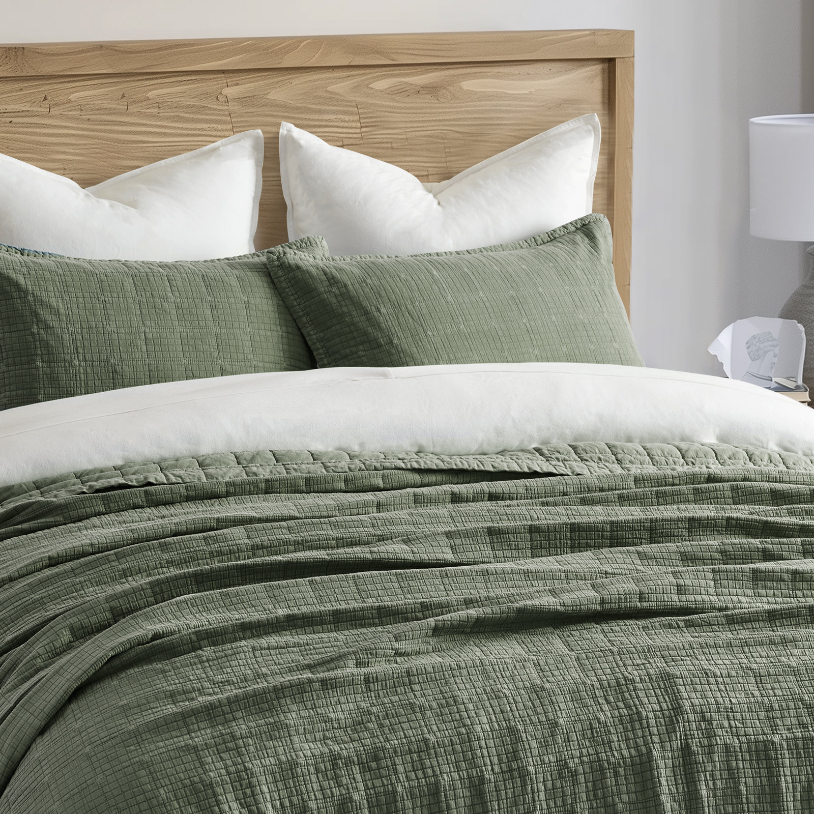 Crinkle Cotton Quilt Set, Olive Green, Queen Quilt + 2 Queen Shams