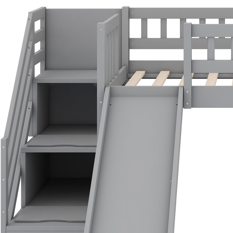 Lit mezzanine avec escalier intégré et tiroirs de rangement, Gris