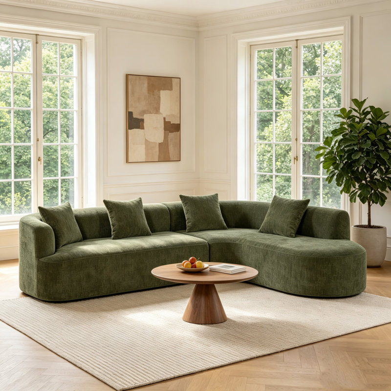 Canapé modulaire courbé 2 pièces avec 4 coussins décoratifs pour le salon, Chenille verte