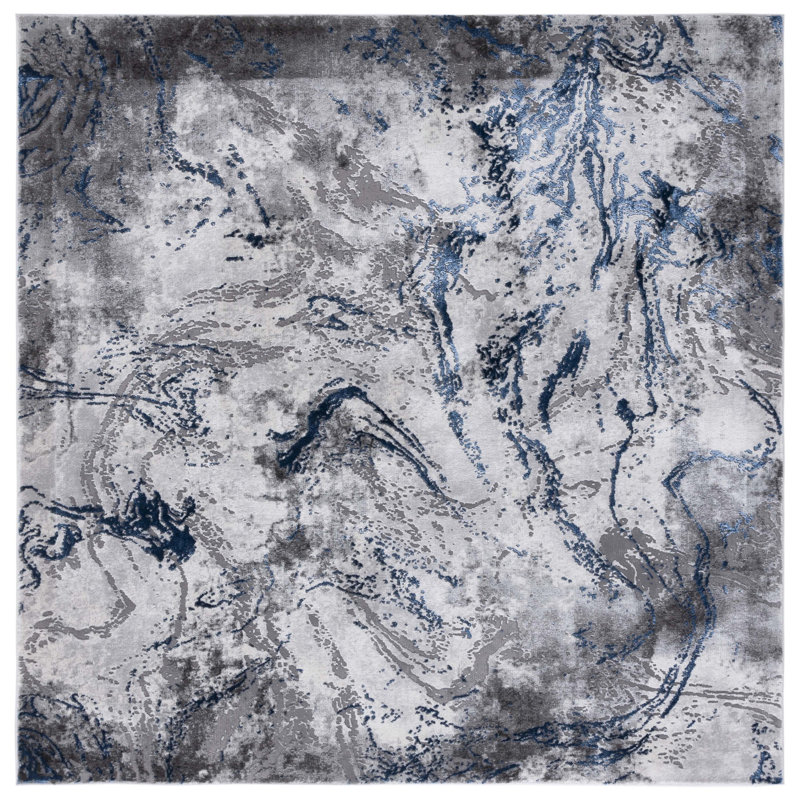 Prevatte Abstract Gray/Blue Area Rug, Square 6'7"