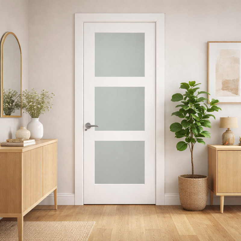Porte intérieure en verre givré blanc apprêté 3-Lite, 80 po, 28 po x 80 po, Oui