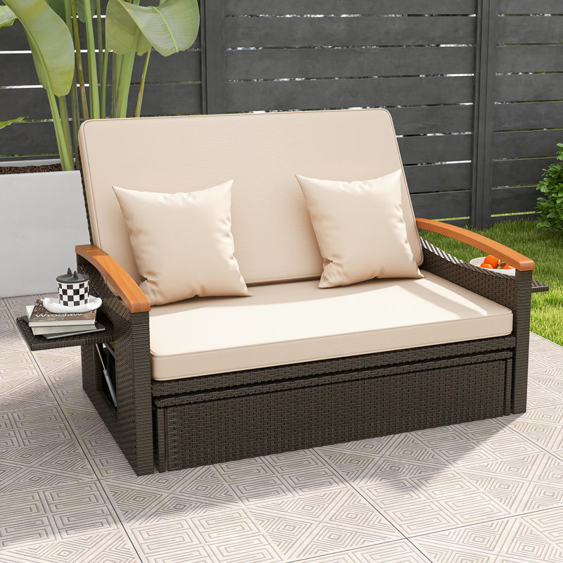 Patio Rattan Daybed Set w/ Cushioned Loveseat & Storage Ottoman, Beige