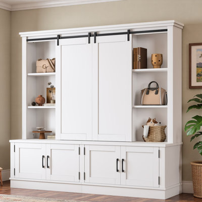 Multifunctional Hall Tree With Sliding Barn Door, Open Shelves And Storage Cabinets
