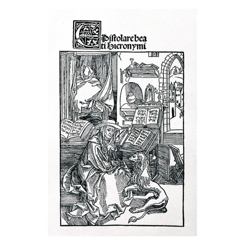 St. Jerome dans son bureau tire une épine d'un frontispice de pattes de lion à une collection de lettres de pub de St. Jerome. 1492 par Albrecht Dürer - Estampe numérique