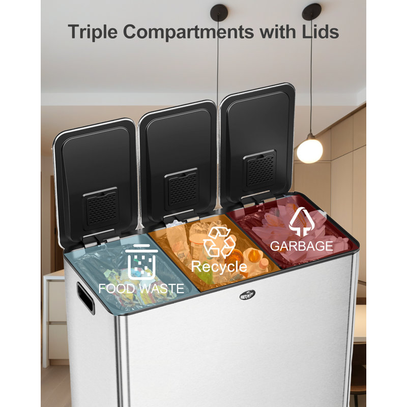Recycle And Trash Can Combo – 60l 3-compartment Stainless Steel Garbage Can With Three 5-gallon Compartments, Separate Lids, And Foot Pedal Operation.