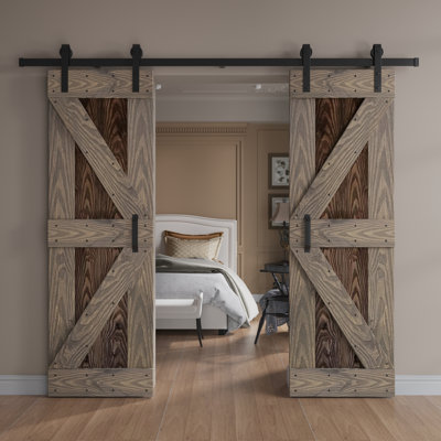 K Series Embossing Knotty Wood Double Sliding Barn Door with Hardware Kit