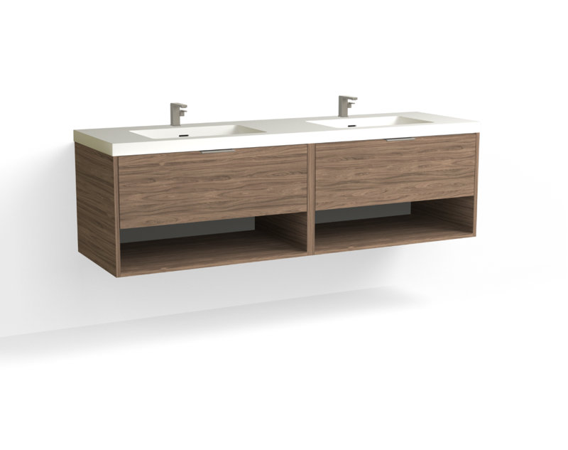 Modo 72" W Wall Mounted Double Bathroom Vanity, Glossy White/8" Widespread, Charred, Satin Brass