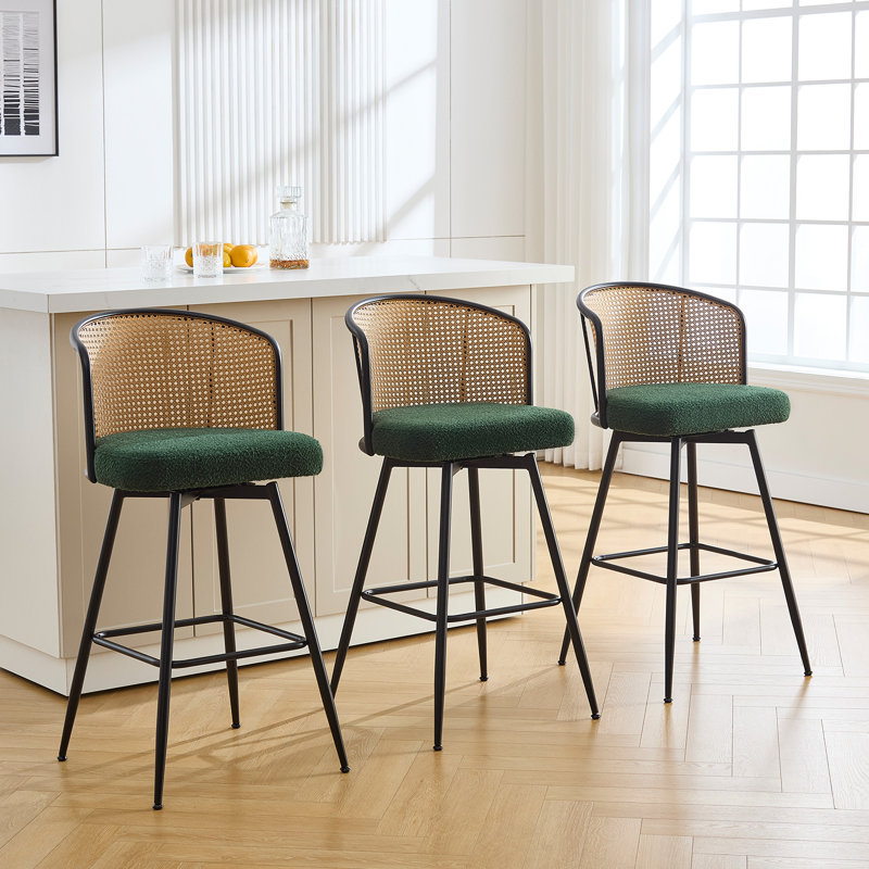 Green Boucle Fabric Swivel Bar Stools with Rattan Back and Metal Legs