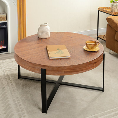 33.86"Modern Retro Splicing Round Coffee Table, Fir Wood Table Top With Black Cross Legs Base