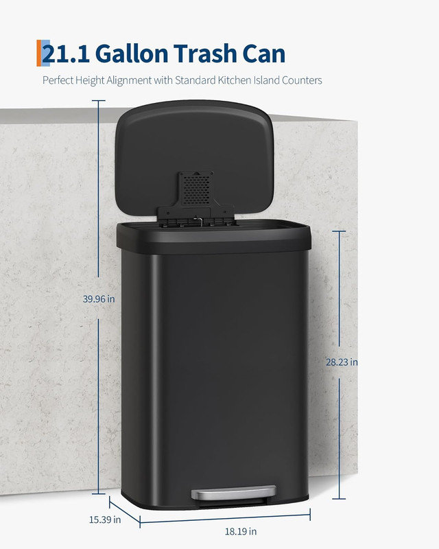 21 Gallon Metal Trash Can with Lid, Large Rustproof Step-on Kitchen Garbage Bin with Soft Close, Black
