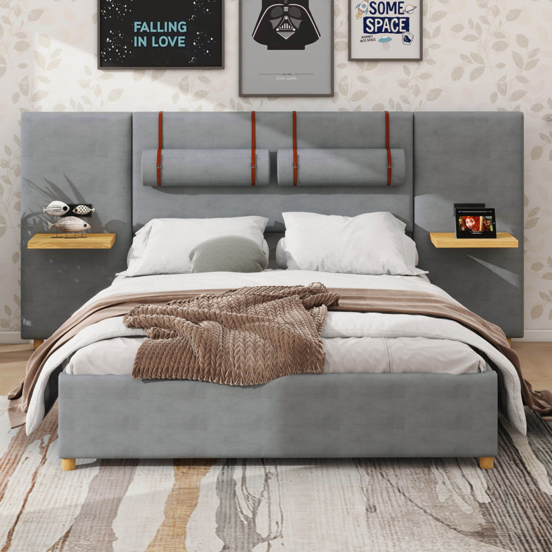 Queen-Sized Upholstered Platform Bed With Two Outlets And USB Ports On Each Side, Grey
