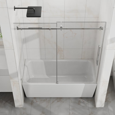 56-60" W x 58" H Frameless Single Sliding Bathtub Door, 1/4" Tempered Glass, Chrome
