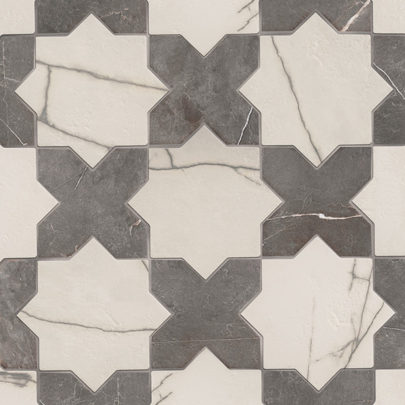 Istanbul Star with Cross 6 In. X 12 In. Porcelain Floor And Wall Tile Kit, White/Black