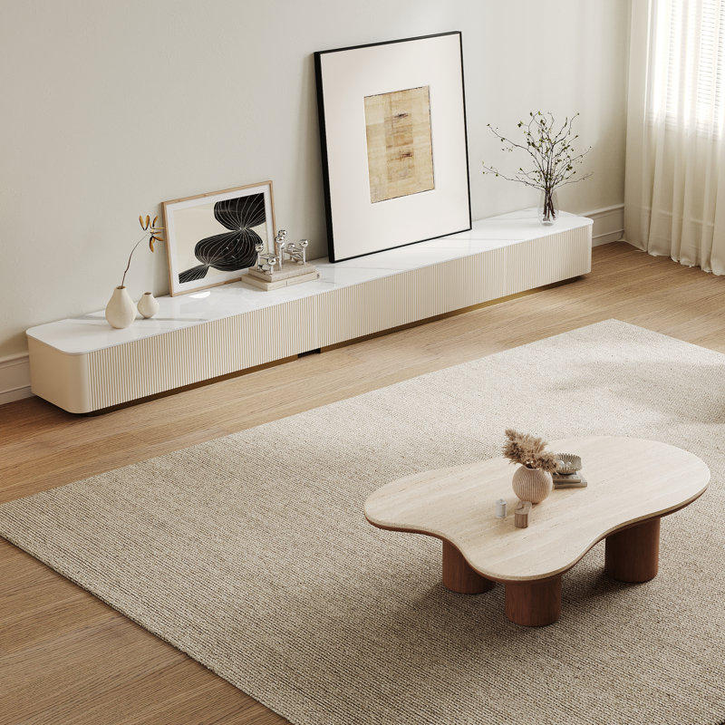 Ensemble de table de salon moderne, meuble télé cannelé 118 po et table basse irrégulière 48,4 po, console média en pierre et table basse Cloud avec base en bois, ensemble de meubles 2 pièces