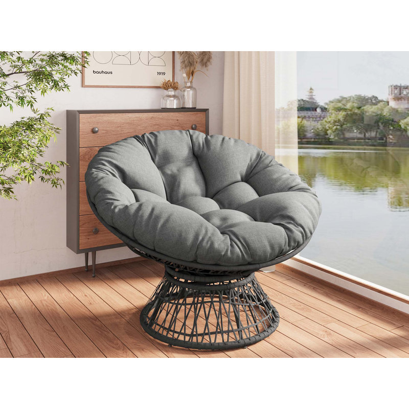 Chaise ergonomique en osier de 41,5 po avec pivot à 360 °, coussin épais, structure en fer, Tissu gris