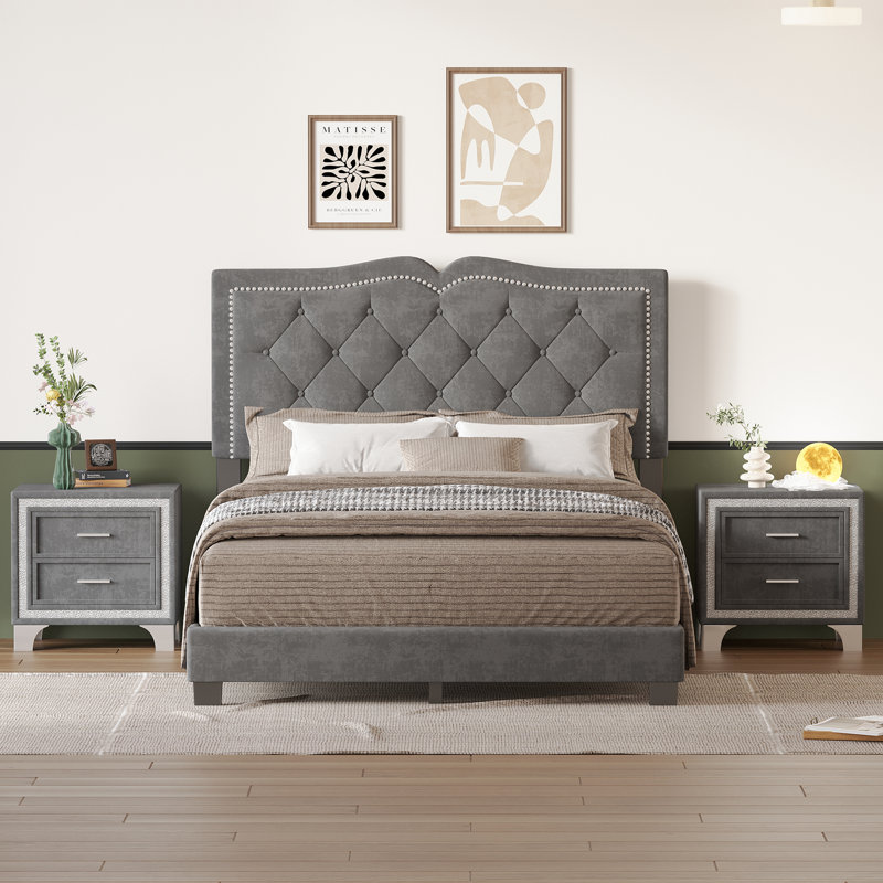 Lit plateforme tapissier Jitreo, Gris, Double