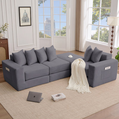 Canapé modulaire convertible 10-en-1, canapé d'angle, canapé-lit convertible au sol (convertible en lit), tissu recouvert de velours côtelé, poche latérale, bricolage, canapé modulaire en forme de L, 6 coussins