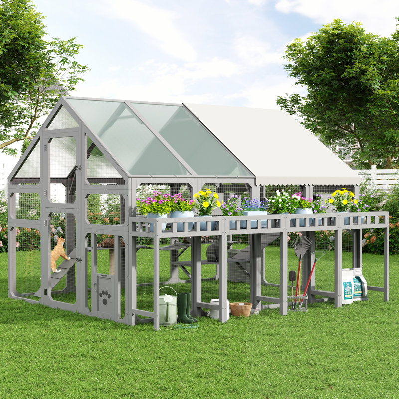 Grande maison pour chat avec couvercle imperméable en bois et extérieur, Gris