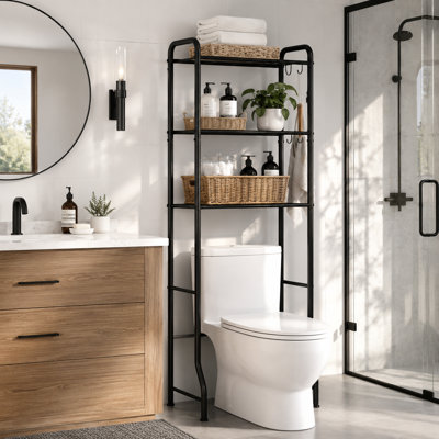 Over Toilet Storage Rack - Metal Over Toilet Bathroom Organizer Shelf, Over The Toilet Storage Cabinet with Paper Holder and Hooks, Bathroom Cabinet for Laundry, Black, 3 Tiers (63.2" H)