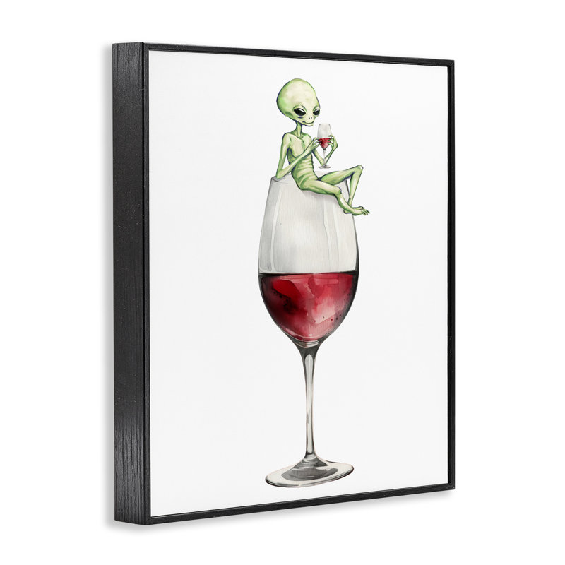 Alien perché sur un verre à vin, estampe numérique, design par Lil 'Rue, Giclée encadrée noir minuit, H 14 po x l 11 po