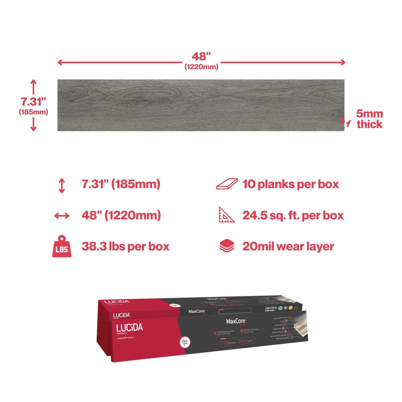 MaxCore Pro 20mil x 7.3" W x 48" L Click Lock Luxury Vinyl Plank Flooring, Stormcloud