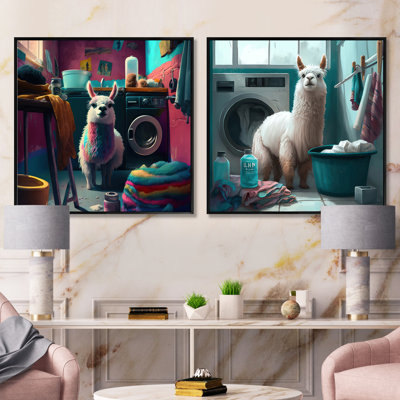«Funny Llama In Laundry» - Ensemble de 2 animaux carrés